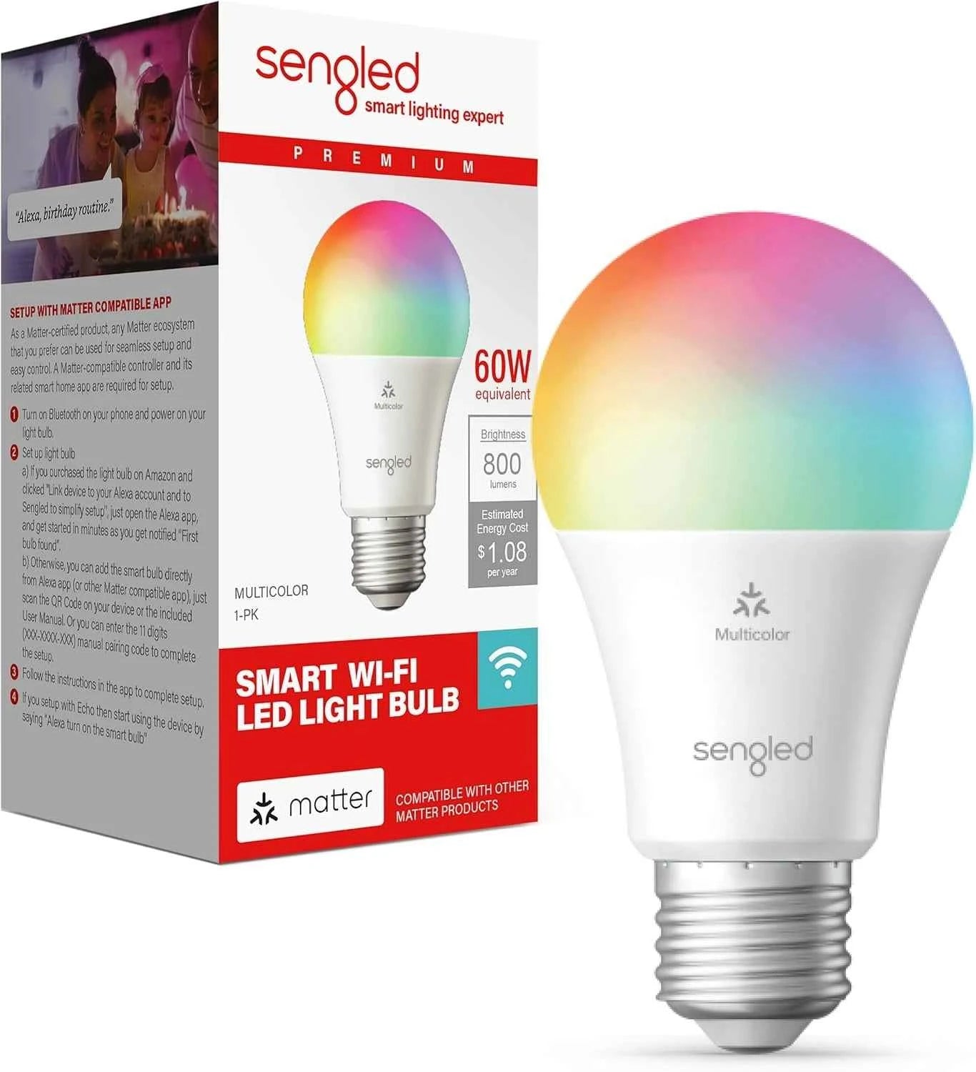 Sengled Bombilla LED Inteligente Multicolor | Compatible con Alexa y Matter, 60W Equivalente, Wi-Fi 2.4 GHz