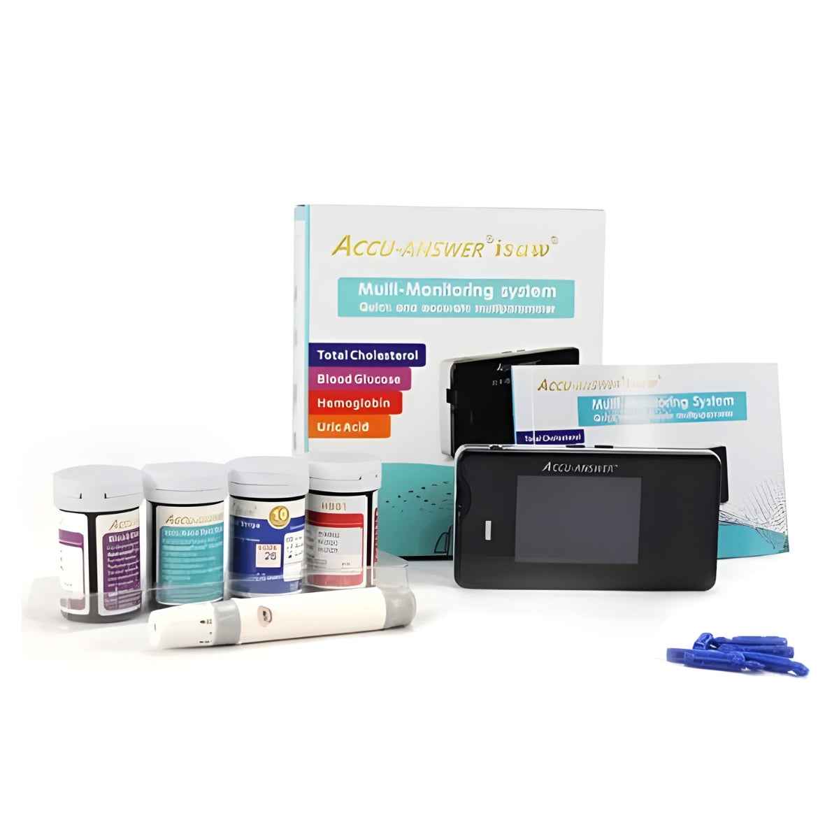Medidor Digital 4 en 1 Accu-ANSWER®: Glucosa, Colesterol, Ácido Úrico y Hemoglobina